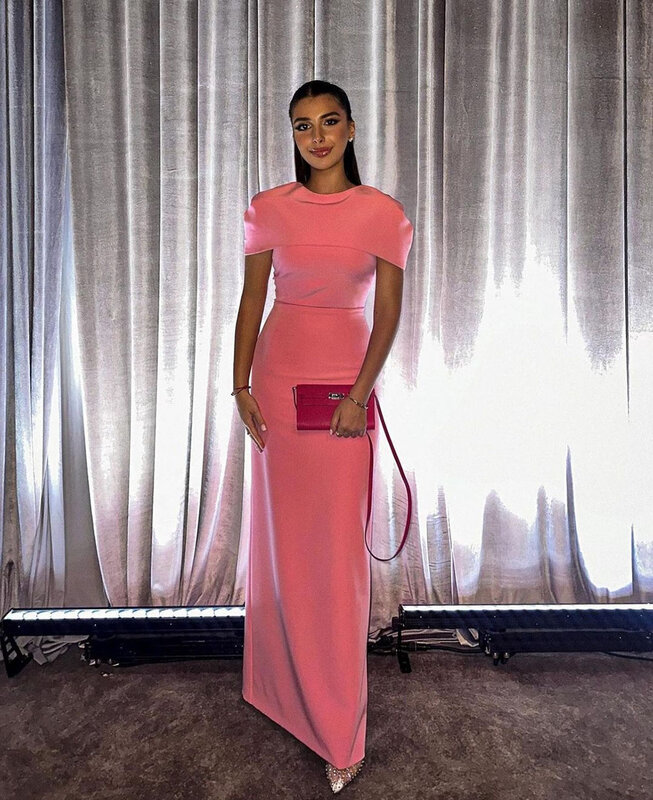 Msikoods Vintage Hot Pink Evening Dresses Cap Sleeves Mermaid Elastic Satin Dubai Pageant Dress Saudi Arabia Special Party Gowns