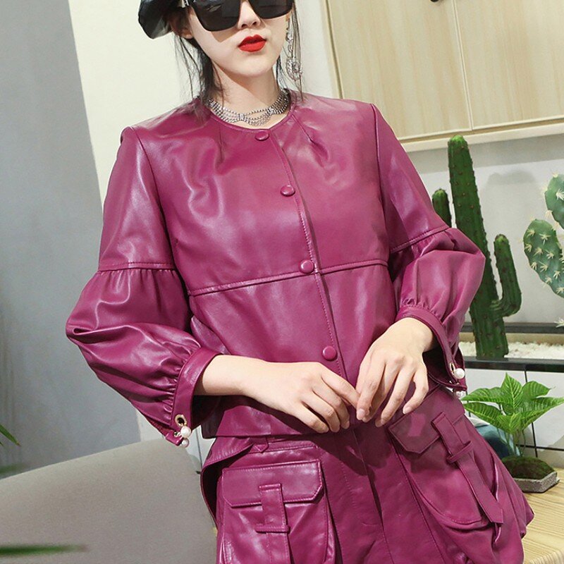 Jaqueta feminina de couro genuíno, casaco curto elegante de pele de carneiro real, casacos vintage, manga lanterna, outono 2023