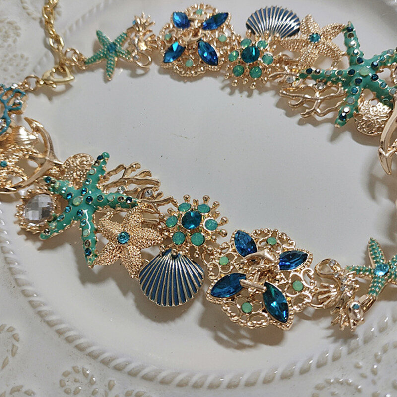 Vintage Ocean Style Shell Sea Star Inlaid Diamond Necklace Bracelet Silver Earring for women's girl jewelry sets women's set
