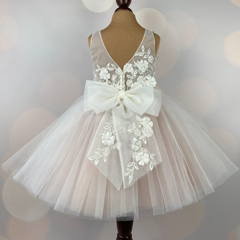 Gaun gadis bunga merah muda muda Tulle Puffy putih applique dengan pita tanpa lengan untuk pesta ulang tahun pernikahan gaun Komuni Pertama