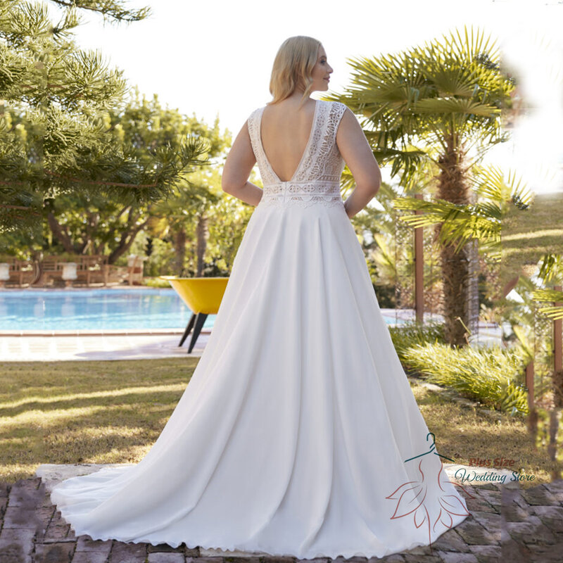 Classic Wedding Dresses 2023 Deep V-Nck Backless Sleeveless Bride Gown Chiffon A-Line Sweep Train Vestido De Noiva Plus Size