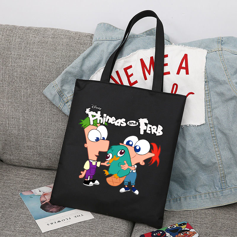 حقيبة تسوق محمولة للنساء من Phineas و Ferb ، حقيبة كتف للشاطئ ، حقائب قماشية للطلاب ، حقيبة تسوق جامعية ، حقيبة يد أنيقة