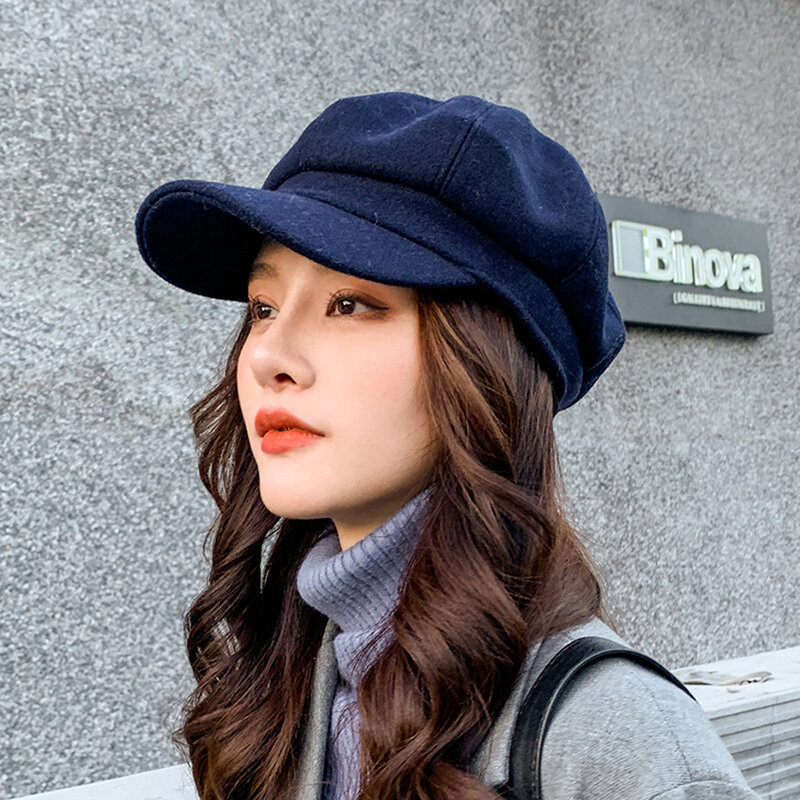 Однотонная шерстяная восьмиугольная шапка в японском и корейском стиле женский осенне-зимний утепленный теплый берет Ретро шапка художника