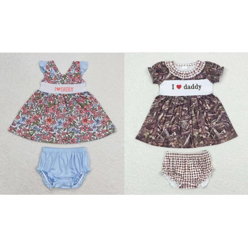 Wholesale Kid Outfit Children Short Sleeves Flower Embroidery I Love Daddy Tunic Blue Bummie Shorts Infant Baby Girl Toddler Set