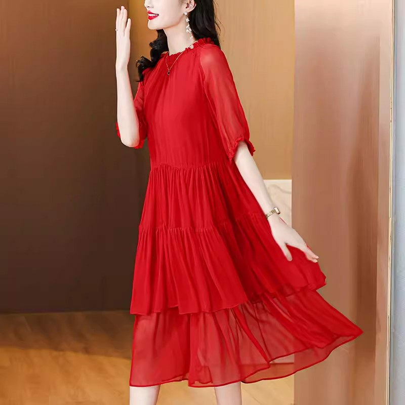 2024 New Summer Dress Silk Red A-Line Slimming Elegance High End Fashion Short Sleeve Evening Dress For Women Vestidos K831