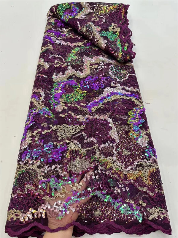 Tela de encaje de lentejuelas africanas para mujer, bordado de encaje de alta calidad, malla con cuentas, 5 yardas, vestido de fiesta de boda, 2024
