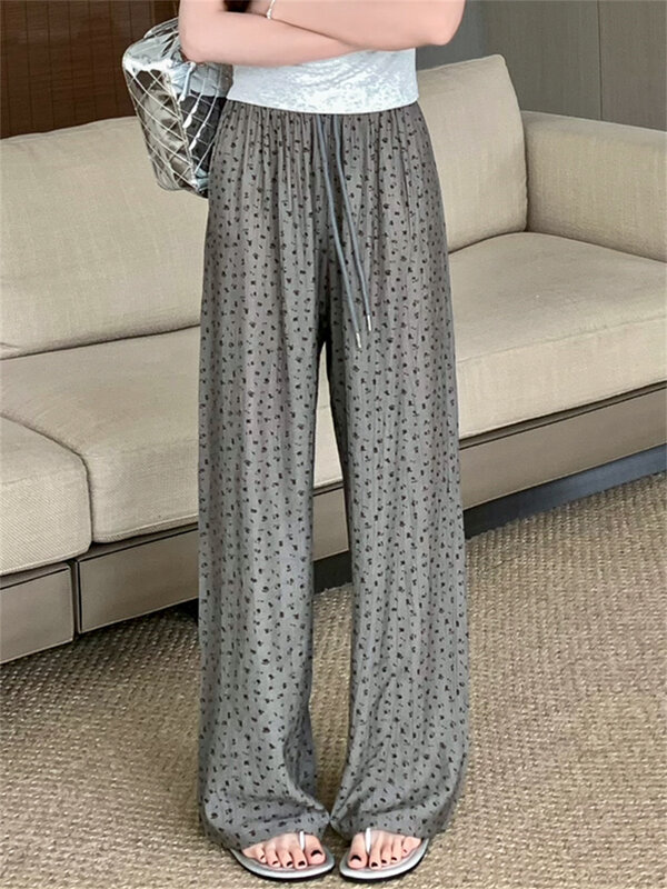 PLAMTEE M-XL 여성용 스트레이트 팬츠, 시크하고 루즈한 2024 신상 캐주얼 와이드 레그, 꽃무늬 프린트 데일리 오피스 레이디 여름 바지