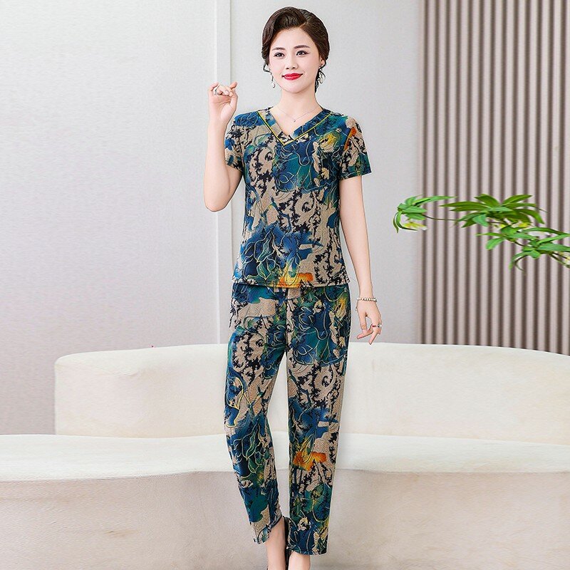 Summer Printing Round Neck Short Sleeve T-shirt Pants Ice Silk Suit Women's Clothing Mother's Attire 2-piece Set