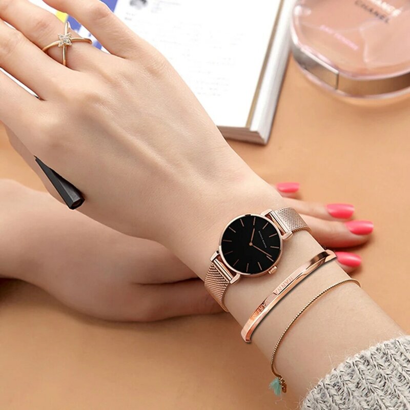 2023 Nieuwe Vrouwen Armband Horloge 1 Set Japan Quartz Uurwerk Eenvoudige Roségouden Rvs Mesh Student Horloges Relogio Feminino