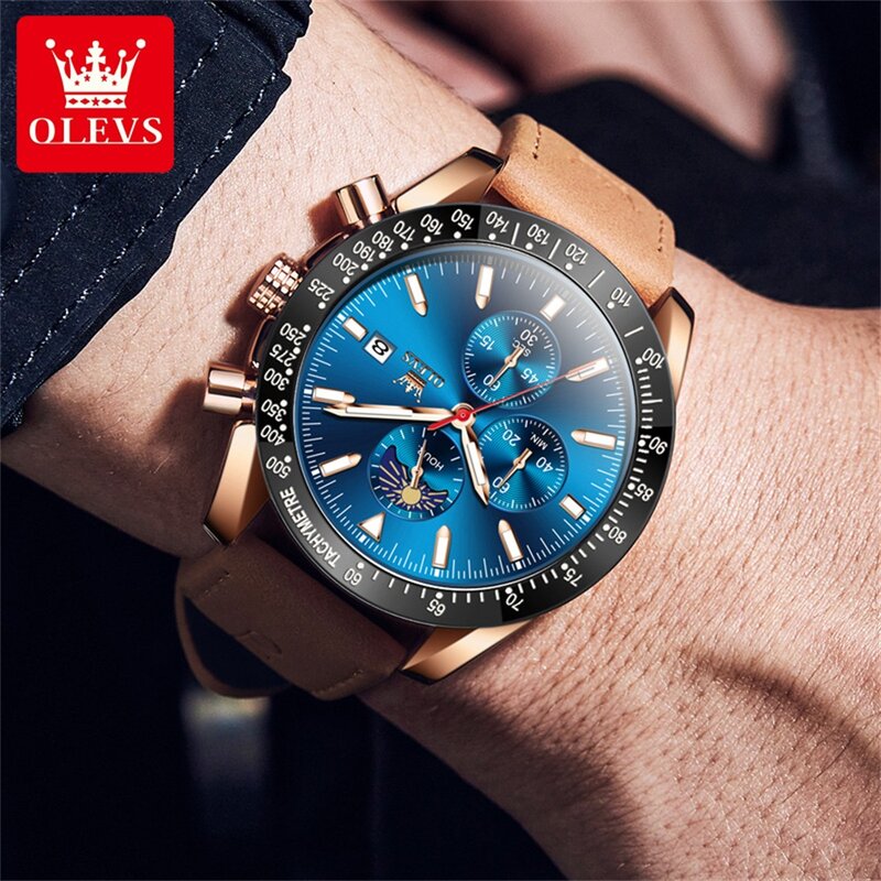 OLEVS-Reloj de pulsera luminoso para hombre, cronógrafo de cuarzo, de cuero, resistente al agua, informal, de lujo, de alta calidad