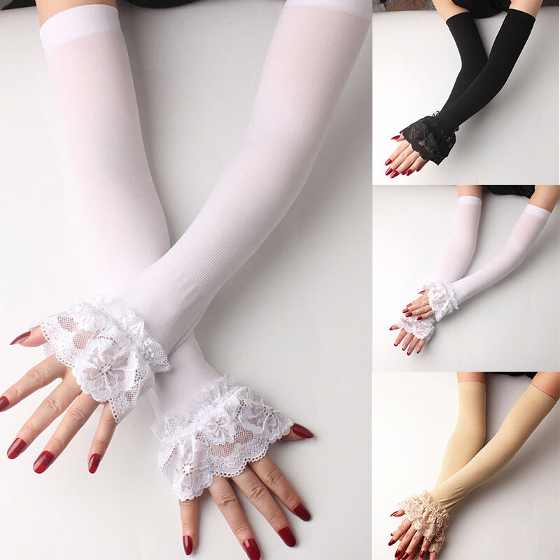 Women Long Fingerless Gloves Sunscreen Summer Sleeve Lace Sexy Mittens Driving Elastic Sleeve Thin Comfortable Arm Cover