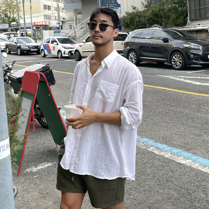 Kemeja bernapas gaya Korea pria, mantel tipis kain Linen katun longgar kasual musim panas