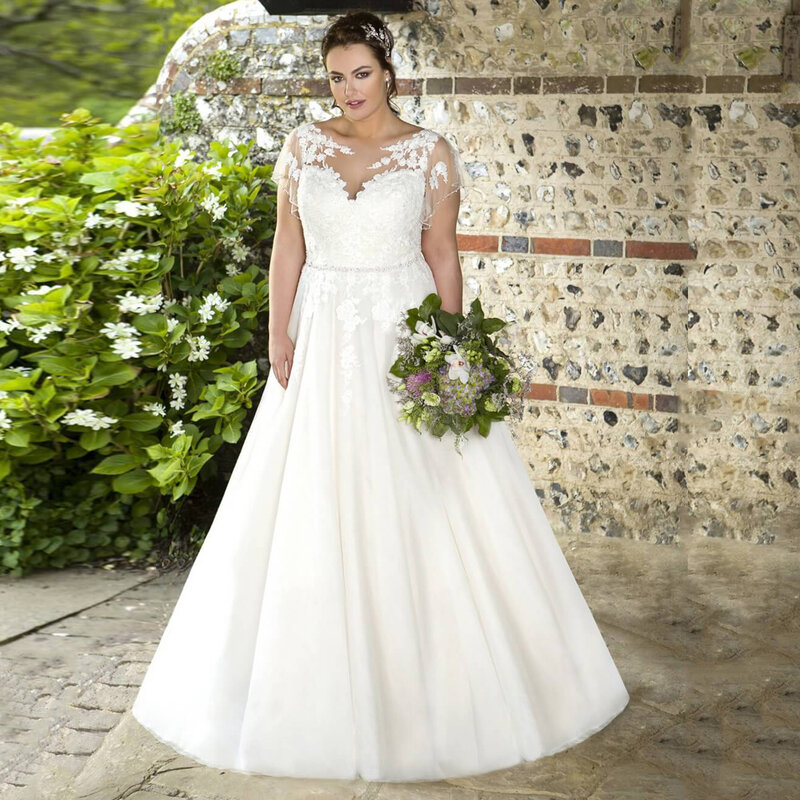 ชุดแต่งงาน Pastrol ขนาดใหญ่พิเศษ2023ชุดเจ้าสาวแขนสั้นคอกลมลูกไม้ผ้าปะติดเลื่อมลาย A-Line Tulle vestidos de nova