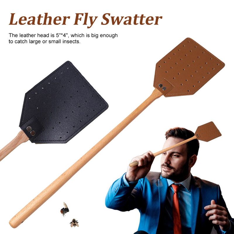 Couro Fly Swatter com Long Wood Handle, resistente Flyswatter durável, interior e exterior controle de pragas Rústico Swatter, 19 ", 1Pc