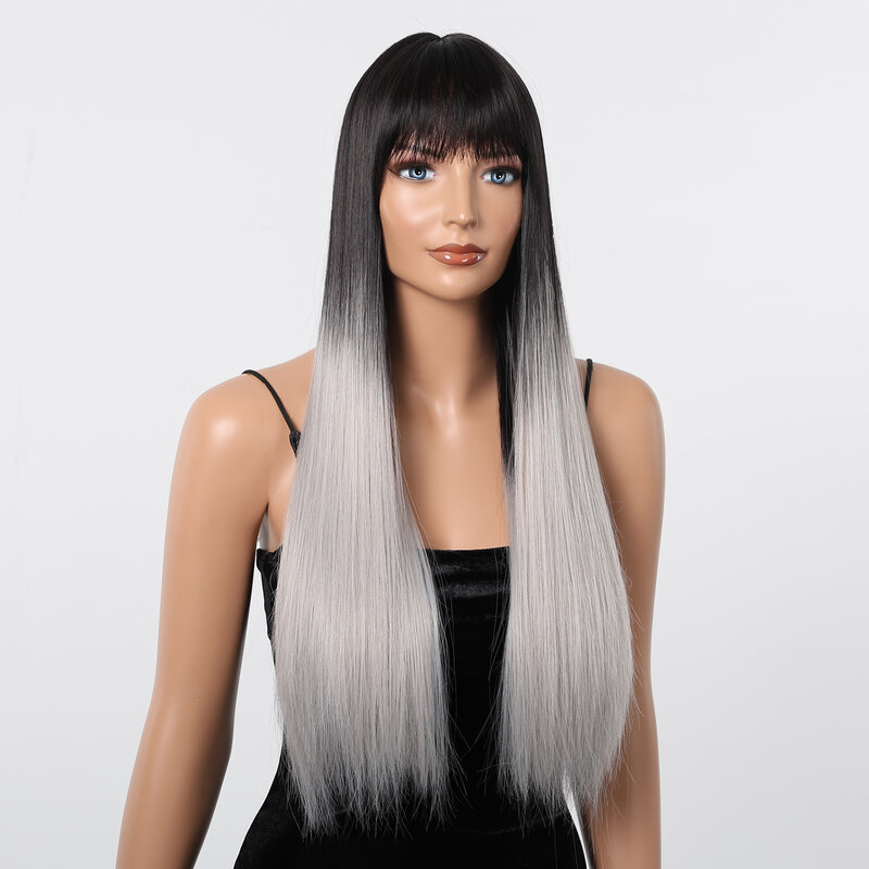 LOUIS FERRE długie proste peruki syntetyczne dla kobiet czarne srebrne szare włosy Ombre codzienne peruki do cosplay z grzywką żaroodporne