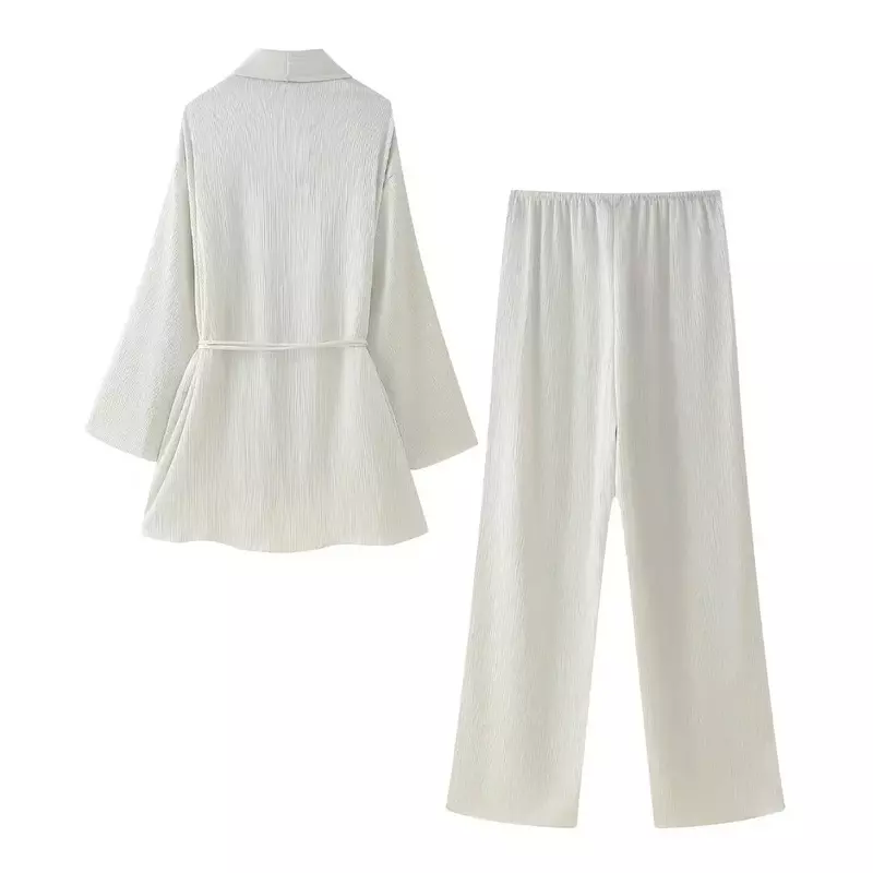 Elegancka piżama dla kobiet 2 stroje zestaw solidny zestaw do salonu damskiego z dekoltem w szpic koszule z długim rękawem luźne proste spodnie piżamy piżamy