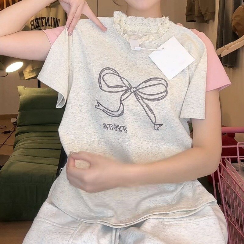 Houzhou Sommer Bogen Kurzarm T-Shirt Frauen Spitze Kokette ästhetische y2k T-Shirts niedlichen Grafik Crop Tops koreanische Mode Streetwear
