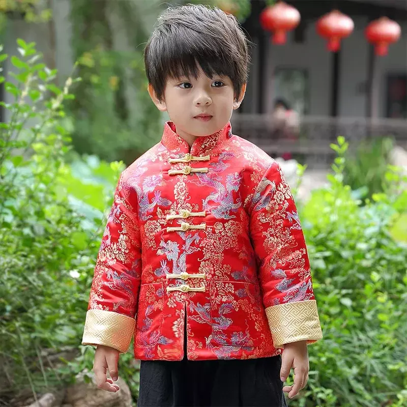 Roupa tradicional chinesa para crianças, Ano Novo, Festival de Bebé, Fantasia Retro, Dragão Dourado, Terno Tang, Top estampado de cetim, Conjunto de calças