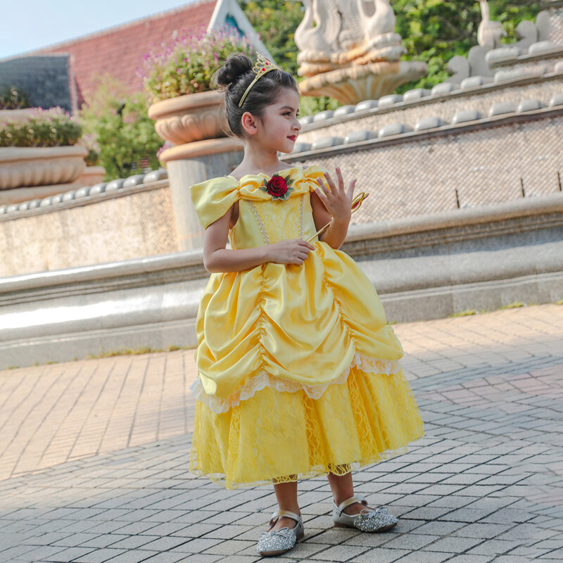 Disney-disfraz de princesa bella para niña, traje de fiesta de cumpleaños, informal, 2024