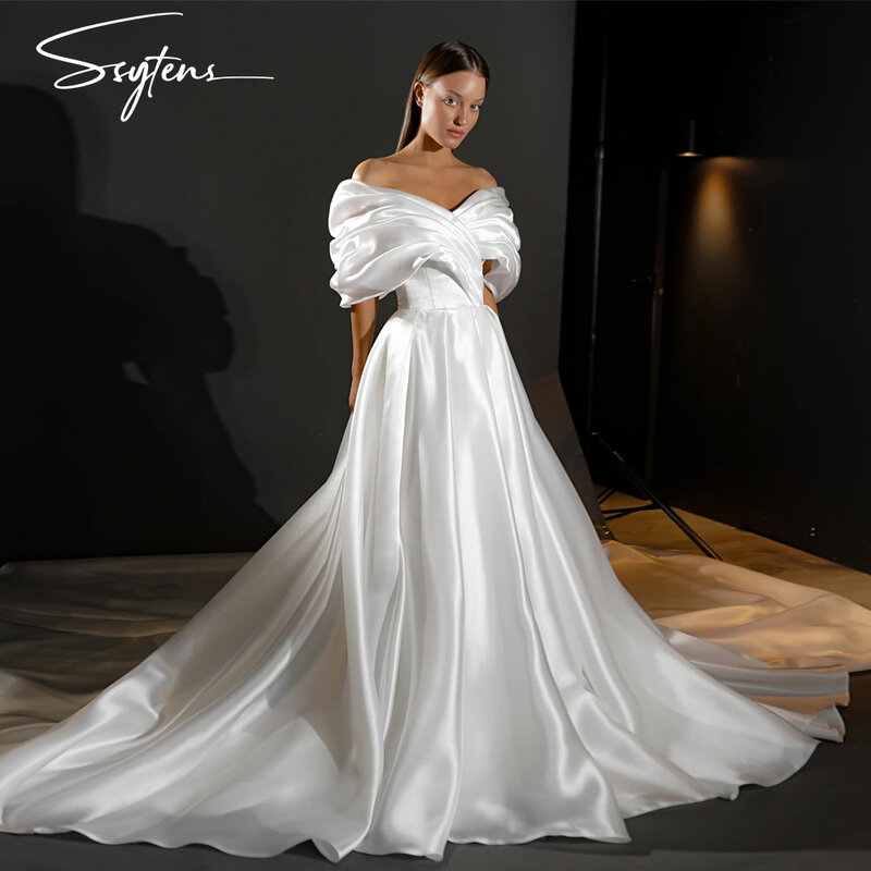 Elegant Satin A-line Evening Dresses for Women Off The Shoulder Ruched Formal Vestidos De Noche Wedding Party Gowns for Women