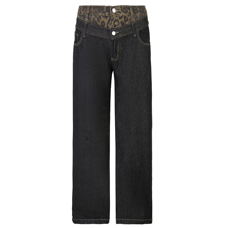 Men Fashion Jeans Leopard Patchwork Streetwear Hip Hop Jeans Black Denim Pants Unisex Y2K Casual Loose Straight Jeans Trousers