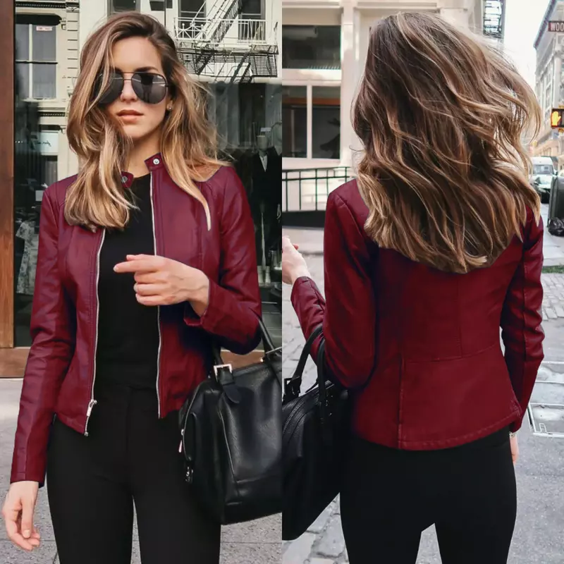 Jaqueta de couro PU feminina, blusa versátil, jaqueta fina, monocromática, tamanho grande, elegante, rua, elegante, outono, inverno