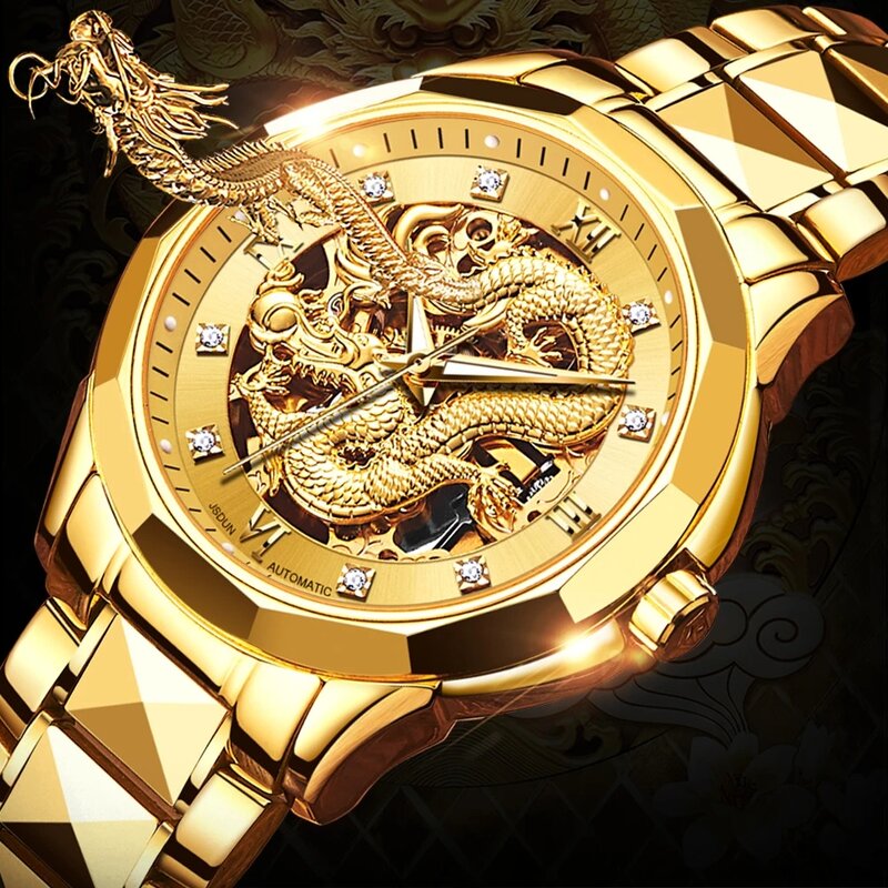 JSDUN-Reloj de dragón dorado para hombre, cronógrafo mecánico automático con correa de acero inoxidable, tallado hueco, marca de lujo, regalo, 8840