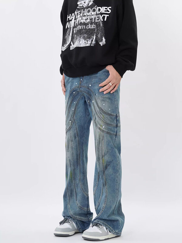 REDDACHIC Splash Ink Flare Jeans for Men Relaxed Distressed Line Patchwork Vintage Bootcut Denim Pants Y2k Harajuku Streetwear