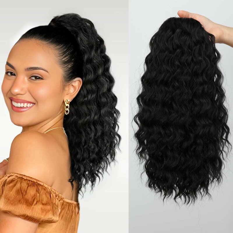Ponytail Extension Drawstring Curly Wavy Ponytail for Black Women  Fake Clip in Ponytail Hair Black 18 Inch Synthetic Wig