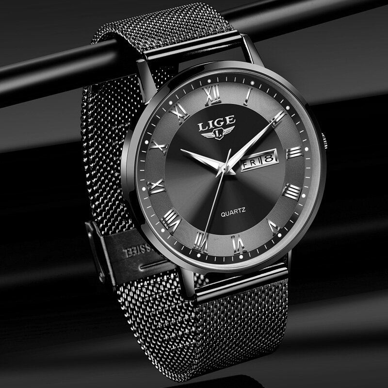 Lige-الحد الأدنى الفولاذ المقاوم للصدأ ساعة كوارتز للرجال ، ساعات رقيقة جدا ، بسيطة الأعمال ساعة اليد ، التقويم ، والأزياء