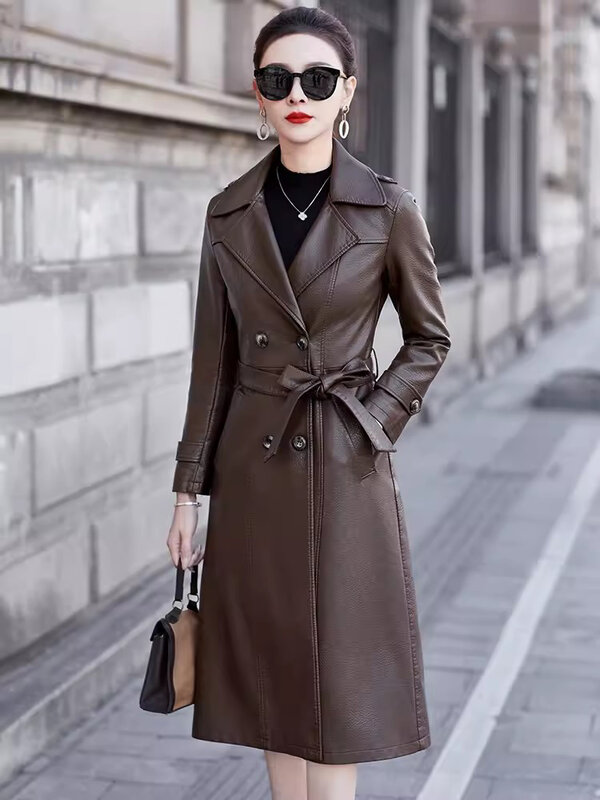 Nouveau manteau en cuir pour femmes printemps automne Mode Trench-coat mince en peau de mouton à col tailleur et double boutonnage Manteau en cuir fendu élégant
