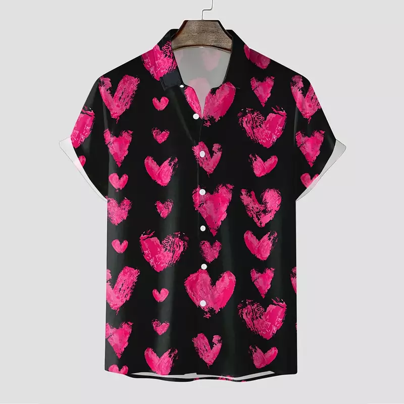 2024 New Men's Short Sleeve Shirt Love Print Men's Lapel Top Large Size Comfortable Casual Hawaiian Men's Shirt