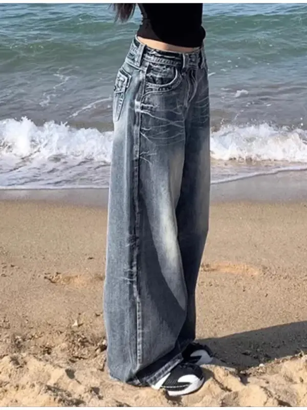 Autumn Fashion Retro Women's Loose Wide Legged Blue Jeans American Retro Casual Straight Tube Floor Dragging Denim Pants