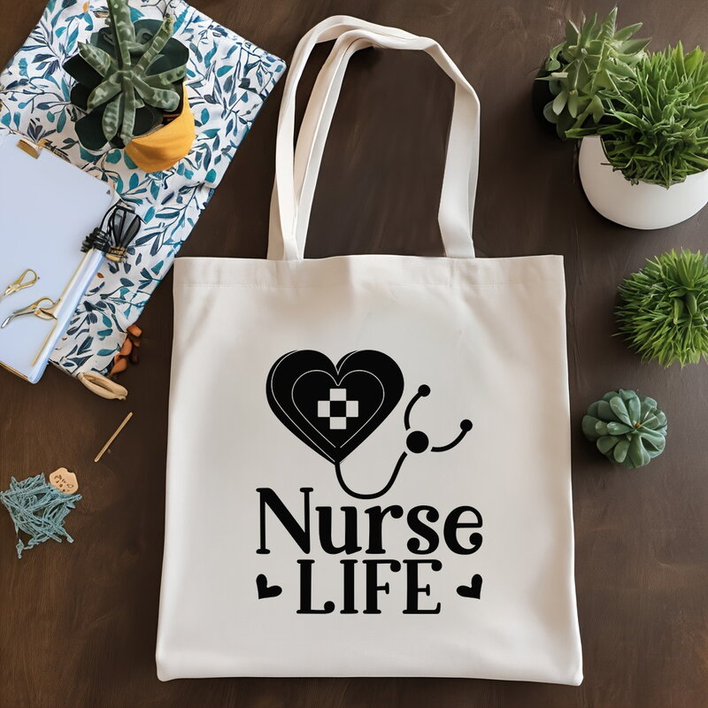 看護師の日のプリントされた女性のハンドバッグ,大容量のハンドバッグ,レジャーショッピングのオーガナイザー,ファッショナブルなキャンバスバッグ