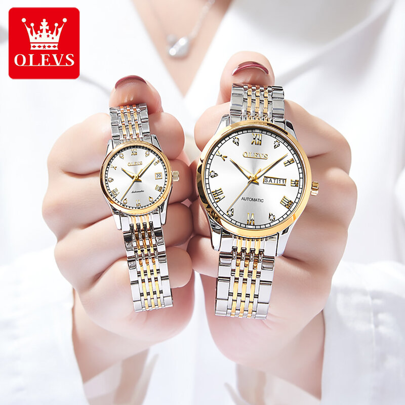 Olevs-男性と女性のための自動機械式時計,高級ステンレス鋼,カップルの時計,防水,発光,週,手首