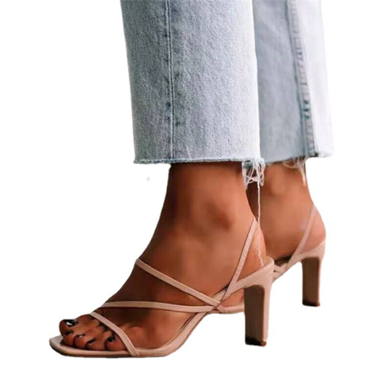 2024 Spring/Summer New Women's Sandals One Line Roman Square Head Thick Heel Solid Color Sandals