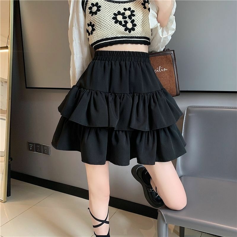 Deeptown-minifalda con volantes para mujer, Falda corta plisada, básica, informal, combina con todo, color negro, elegante, moda coreana