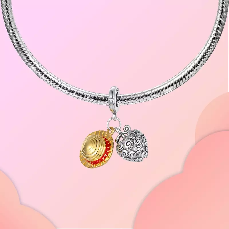 ONE PIECE słomkowy kapelusz i płonące owoce Charms dla oryginalnej bransoletki Pandora 925, srebrnego koralika Charm dla kobiet, biżuterii