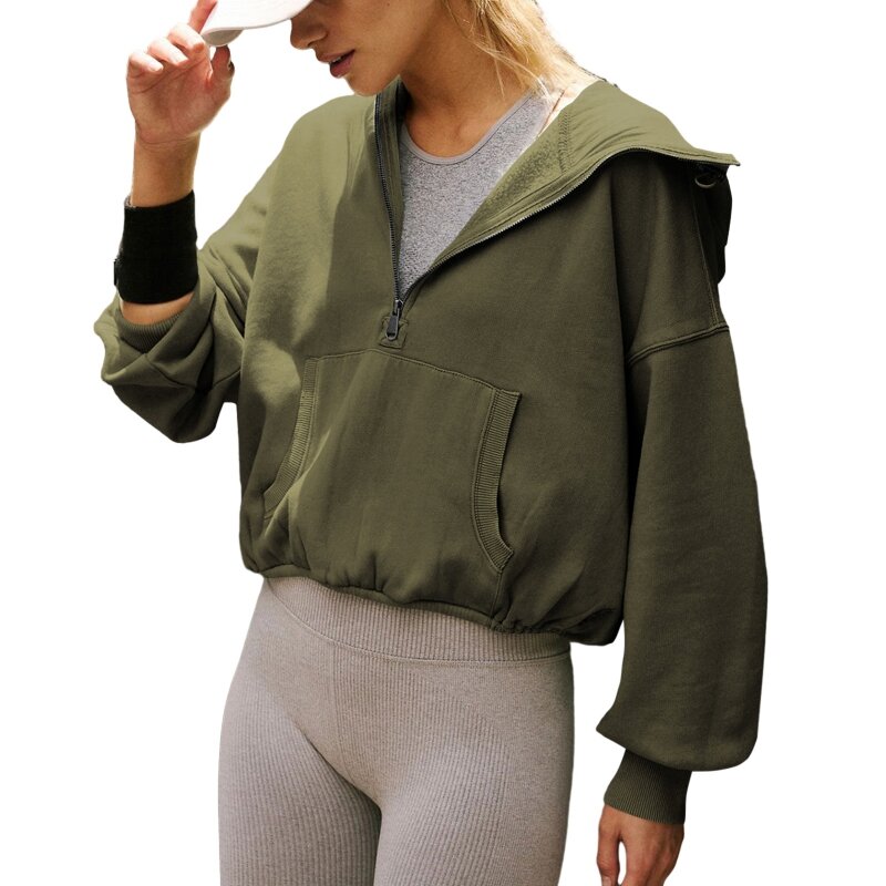 Women Hoodies Solid Crop Hoodie Long Sleeve Jumper Hooded Pullover Coat Casual Sweatshirt Top