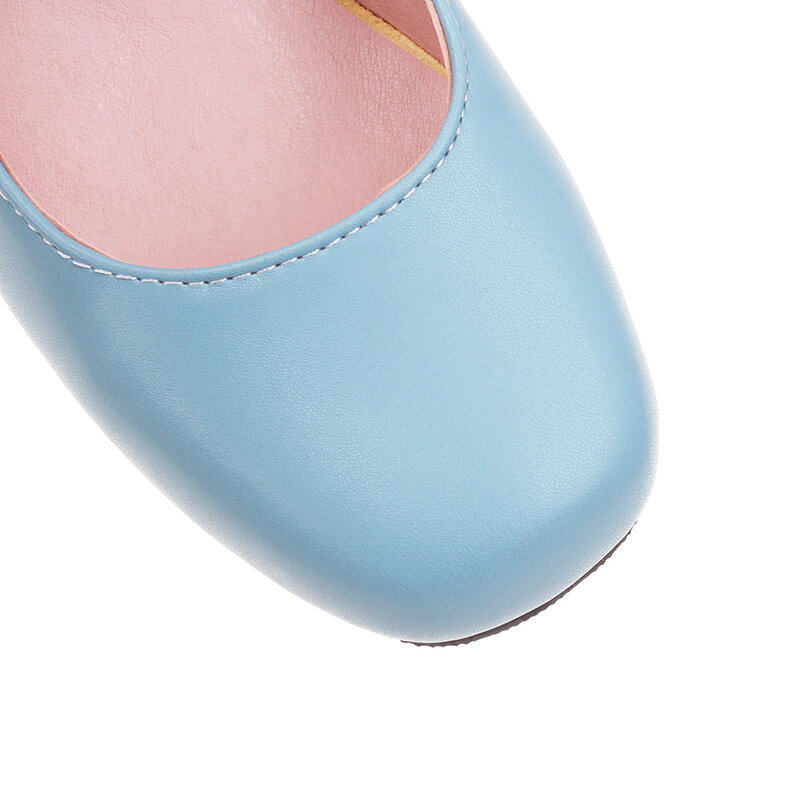 Sepatu Hak Tinggi Med Ujung Bundar Manis Wanita Mode Pump Hak Persegi Nyaman untuk Pesta Wanita Klasik Pink Biru
