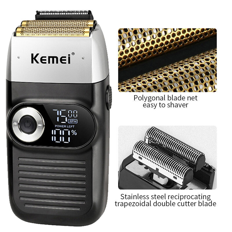 Kemei Afeitadora eléctrica para hombre, maquinilla de afeitar Original, recortadora de barba inalámbrica, cortadora de pelo, carga rápida USB, pantalla LCD