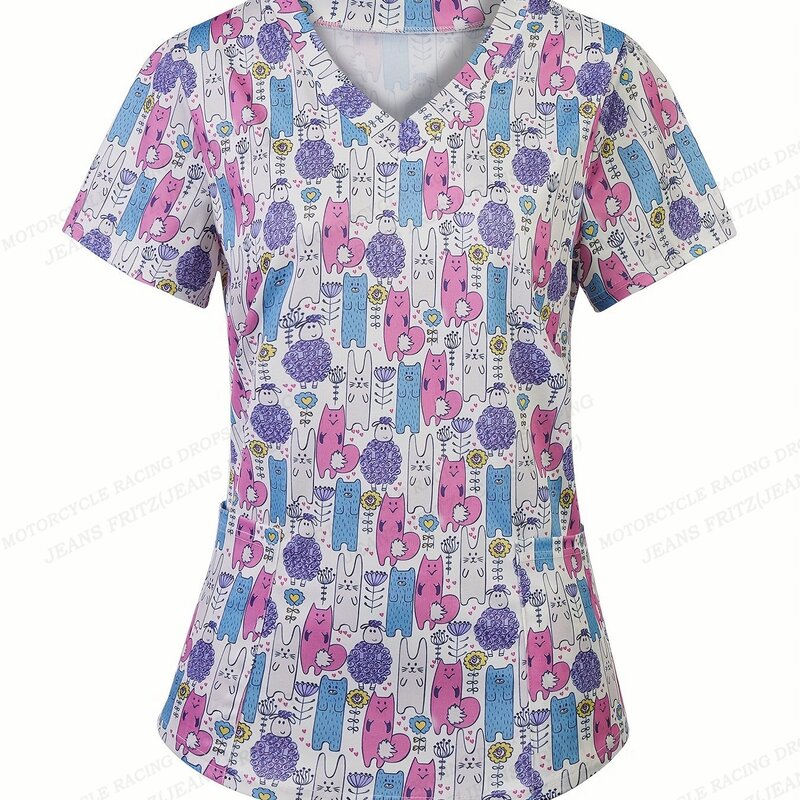 Women Nurse Uniform Animal Paw 3d Print Pocket V-Neck Nursing Scrubs Tops Cute Cat Workwear T-shirt Overalls Medical Uniforms