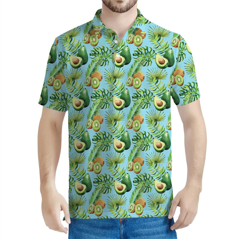 Kaus Polo motif 3D Kiwi lucu untuk pria kaus kerah lengan pendek pola buah untuk anak-anak kaus longgar kancing musim panas