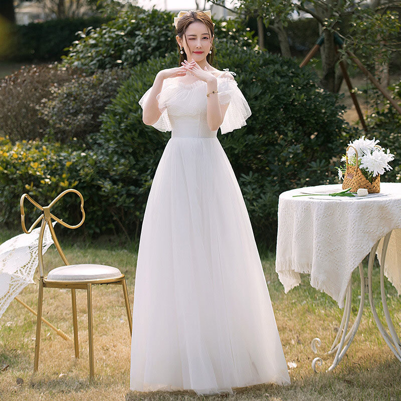 Giysile ชุดแต่งงานขนาดใหญ่ชุดราตรีแขนสี่ส่วนสไตล์เกาหลีแขนบานชุดงานแต่งสีขาว