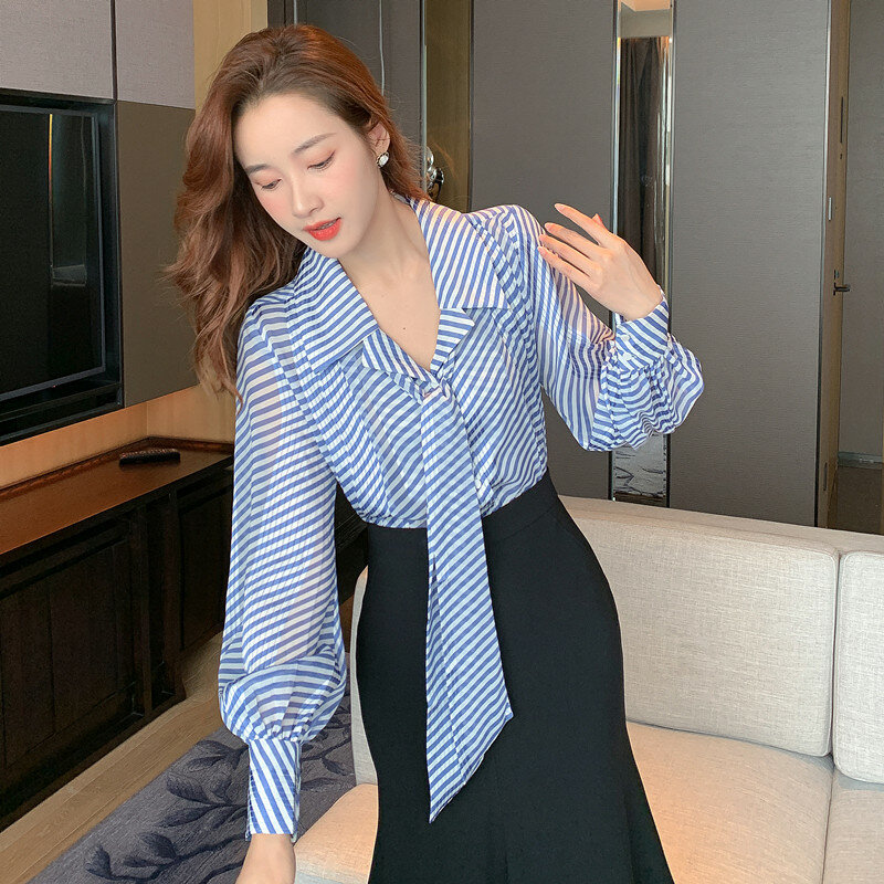 Wisher&Tong Fashion Women Shirts Puff Sleeve Striped Shirt Elegant Ladies Tops With Belt Chic Blouses And Shirts Spring 2022