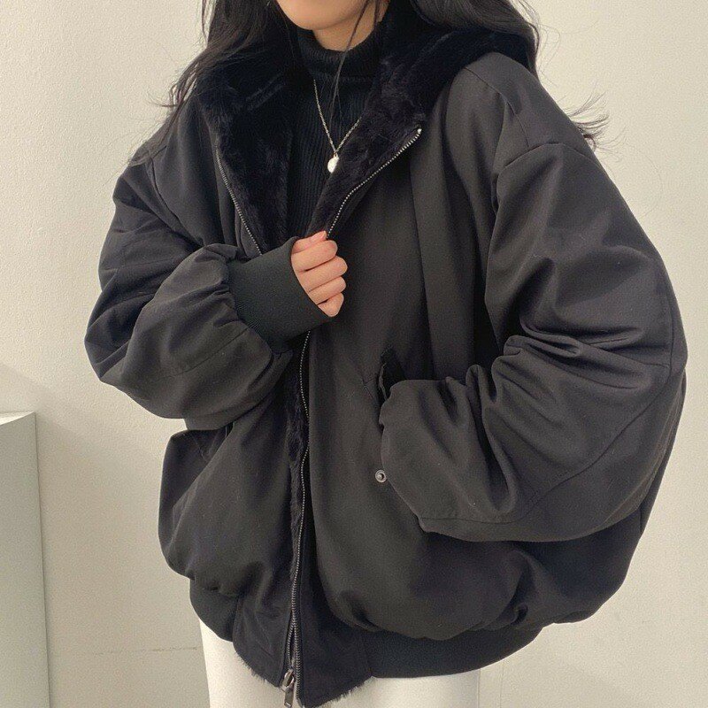 เสื้อโค้ทมีฮู้ดสองด้านสำหรับผู้หญิงแจ็กเก็ตอุ่นหนาฤดูหนาวทรงหลวมมีซิปแบบลำลองสำหรับ MODE Korea