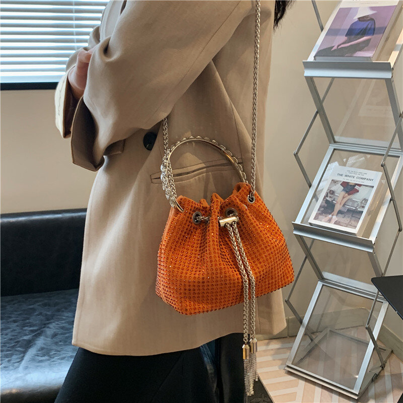 Pochette à cordon de serrage pour femmes, sac à main à poignée ronde, sacs à bandoulière à chaîne, luxe brillant, nouveau Style, 2023