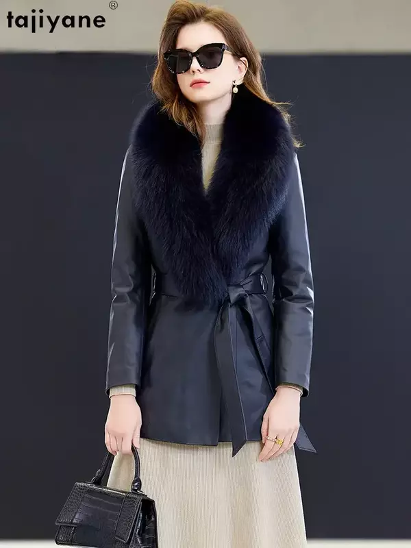 Tajiyane-本革のジャケット,女性用のシープスキンジャケット,冬用の高級ジャケット,2023ダウンコート,キツネの毛皮の襟