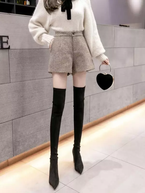 Celana pendek wol a-line pinggang tinggi musim gugur musim dingin 2024 pakaian luar wanita celana pendek kaki lebar Houndstooth mode baru 2023 P554