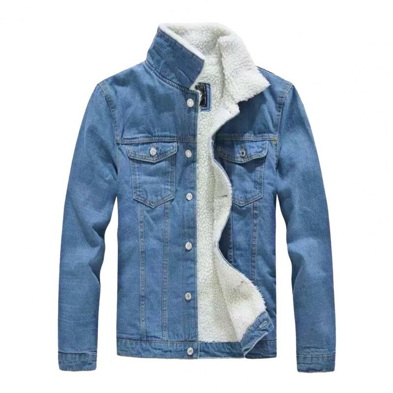 Stylish Men Jacket Button Closure Jacket Men's Slim Fit Denim Jacket with Stand Collar Thickened Plush Lining Neck for Fall